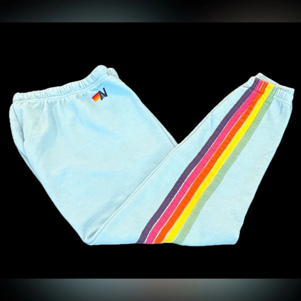 Aviator Nation 5-stripe Light Blue Sweatpants with Rainbow Stripe - Picture 3 of 6